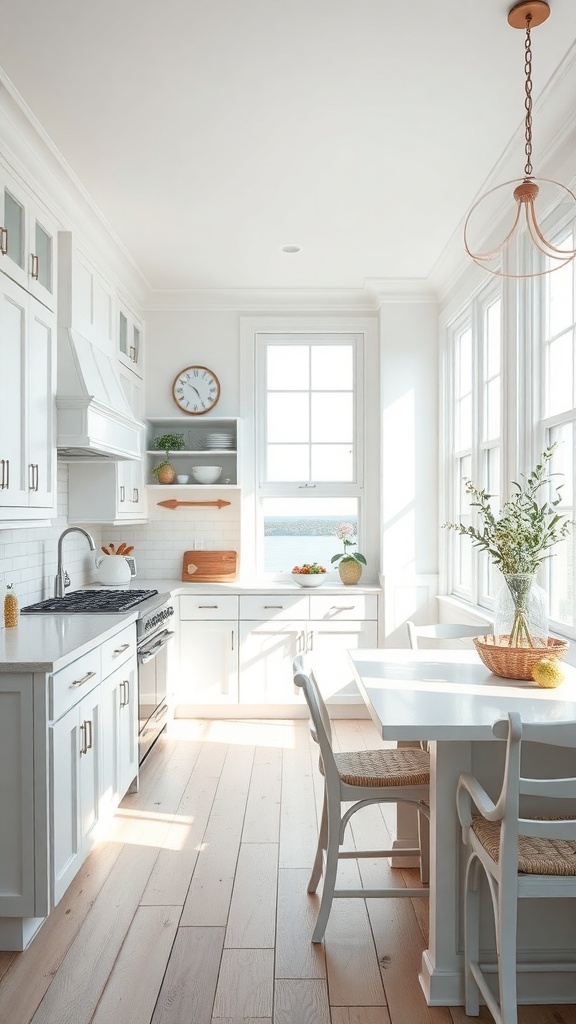 Bright and airy coastal kitchen with white cabinetry, light wood floors, and natural light.