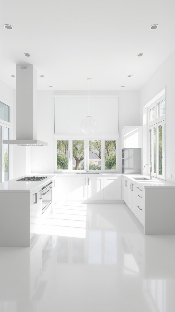 Bright white open concept kitchen with large windows and sleek design.