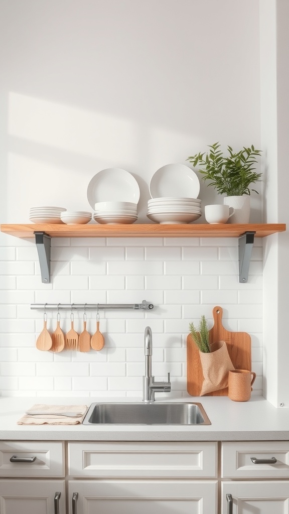 A bright kitchen featuring open shelving with white dishes, a small plant, and hanging wooden utensils.