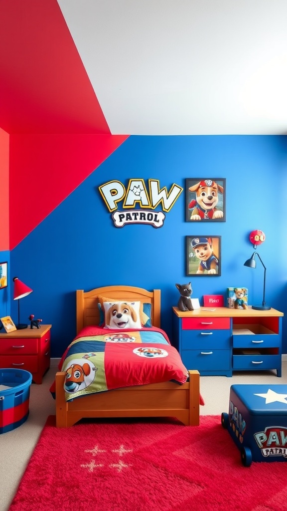 Colorful Paw Patrol-themed boys bedroom with blue and red walls, themed bedding, and decorative furniture.