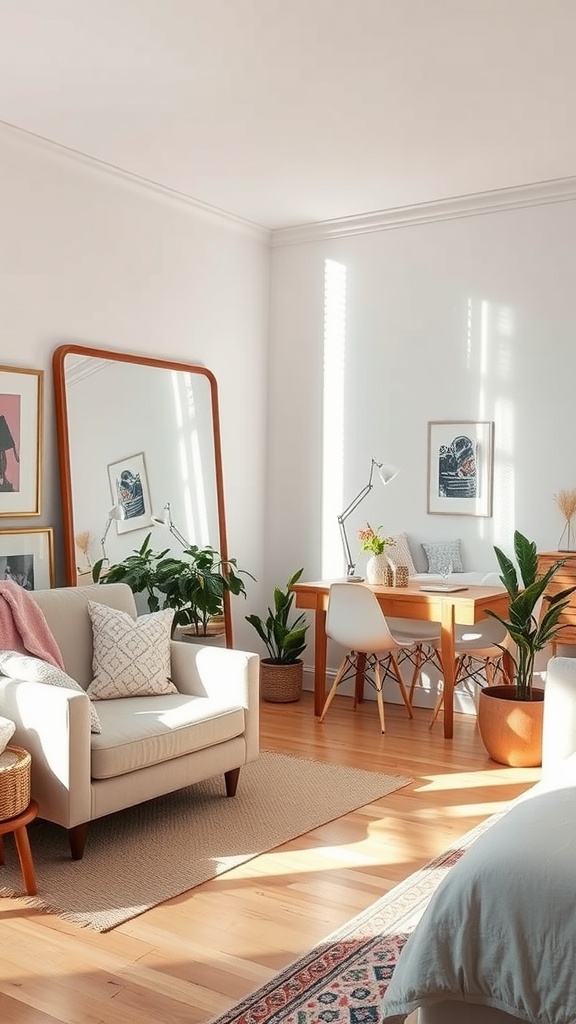 A bright studio apartment with a large mirror reflecting light, cozy furniture, and plants.
