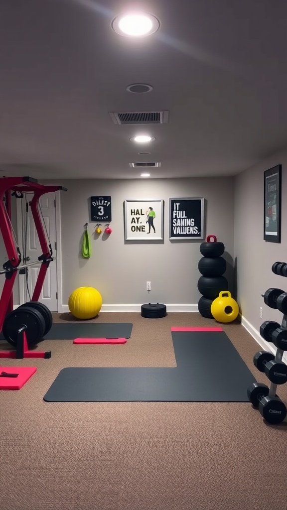 A cozy basement home gym with various fitness equipment like weights and exercise mats.