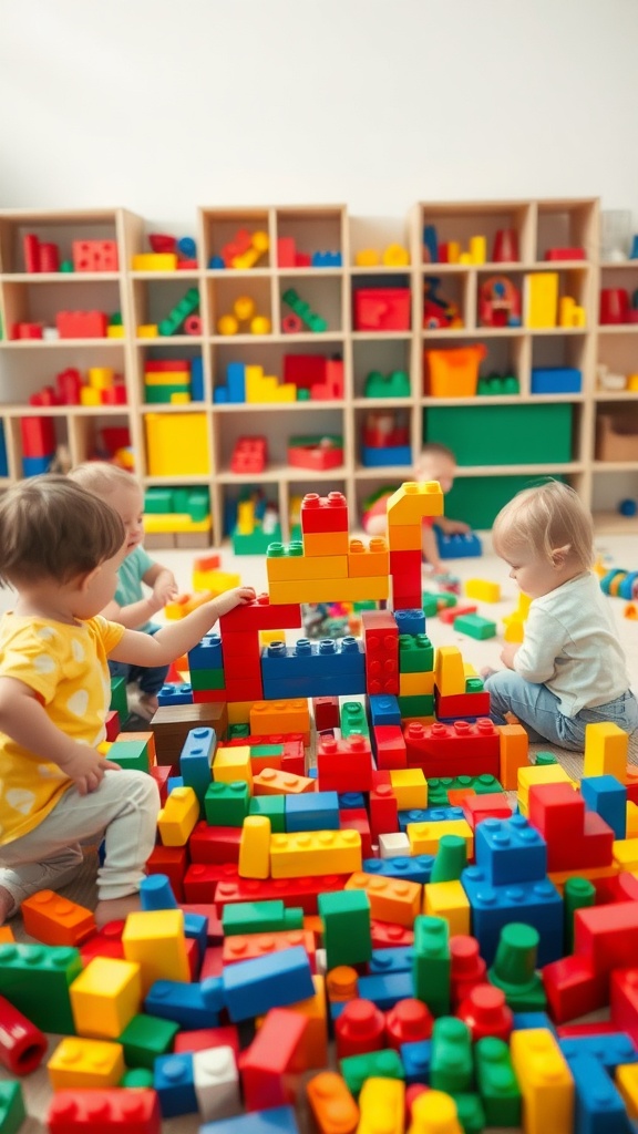 A colorful playroom with toddlers playing with building blocks on the floor, surrounded by shelves filled with more blocks.