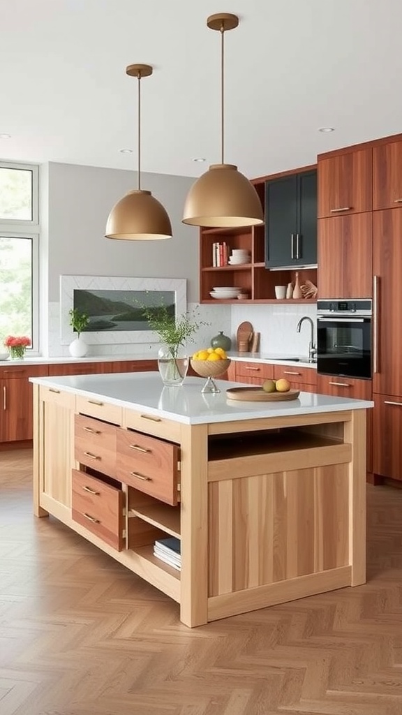 A modern kitchen island featuring built-in storage solutions, including drawers and an open shelf, with pendant lighting above.