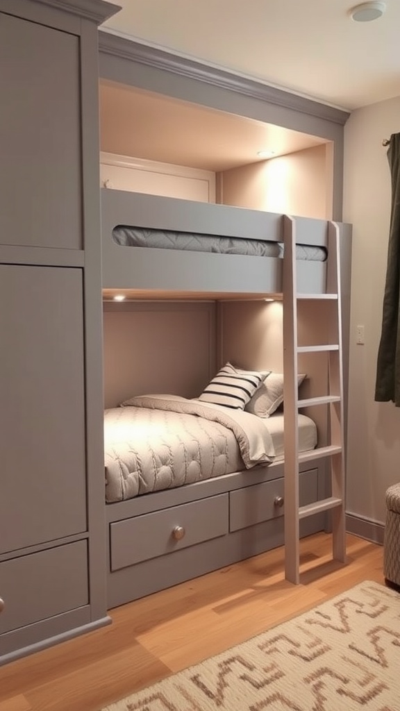 A stylish bunk bed with integrated reading lights, a ladder, and under-bed storage.