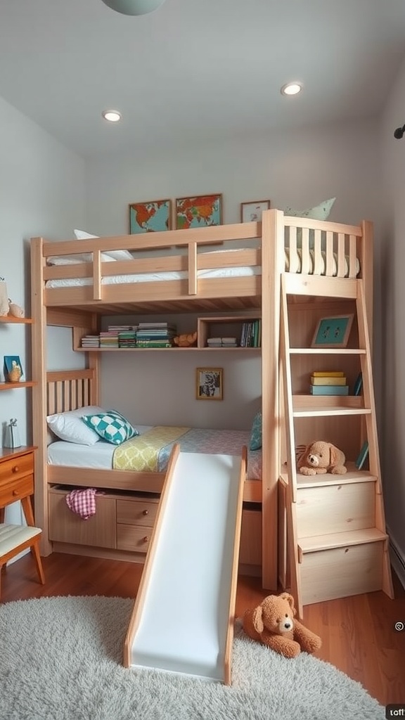 A cozy wooden bunk bed with a slide, colorful bedding, and shelves filled with books and toys.