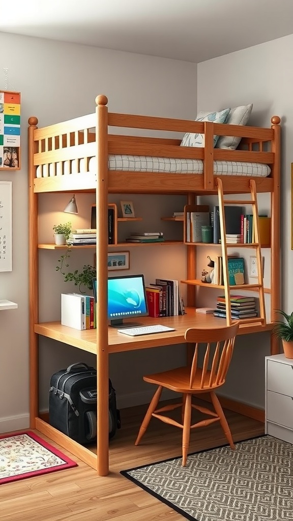 A wooden bunk bed with a cozy upper sleeping area and a desk underneath, featuring books and a computer.