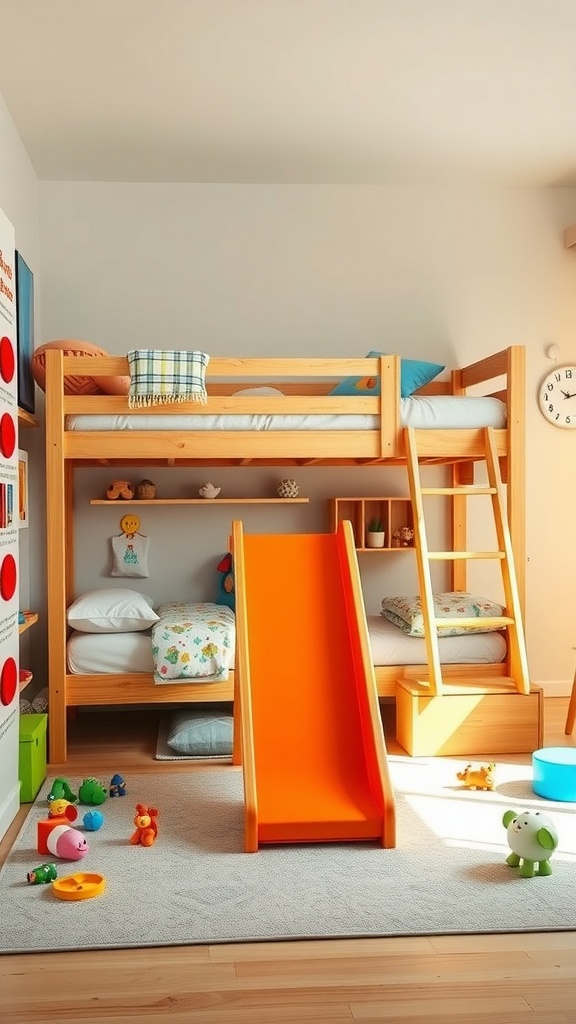 A wooden bunk bed with an orange slide and a play area filled with toys.