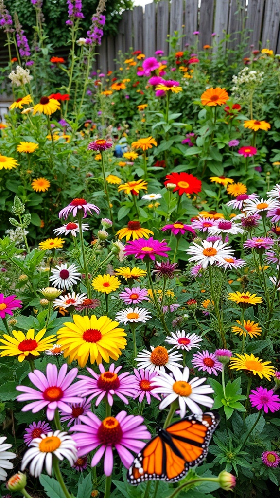Colorful garden filled with flowers and a butterfly