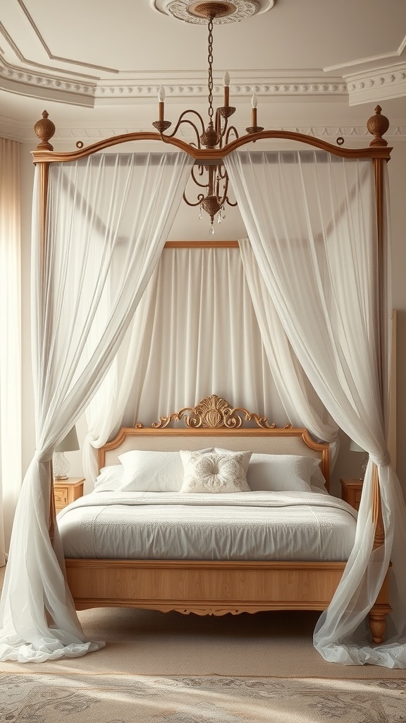 A wooden canopy bed with sheer curtains and elegant design, creating a romantic bedroom atmosphere.