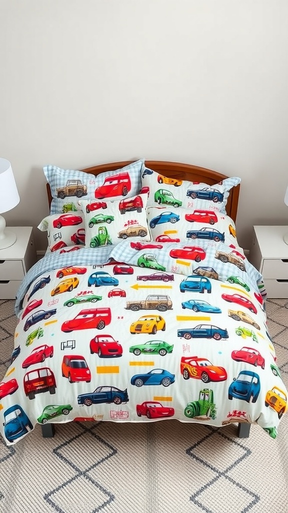 Colorful car-themed bedding set with various vehicle designs on a bed