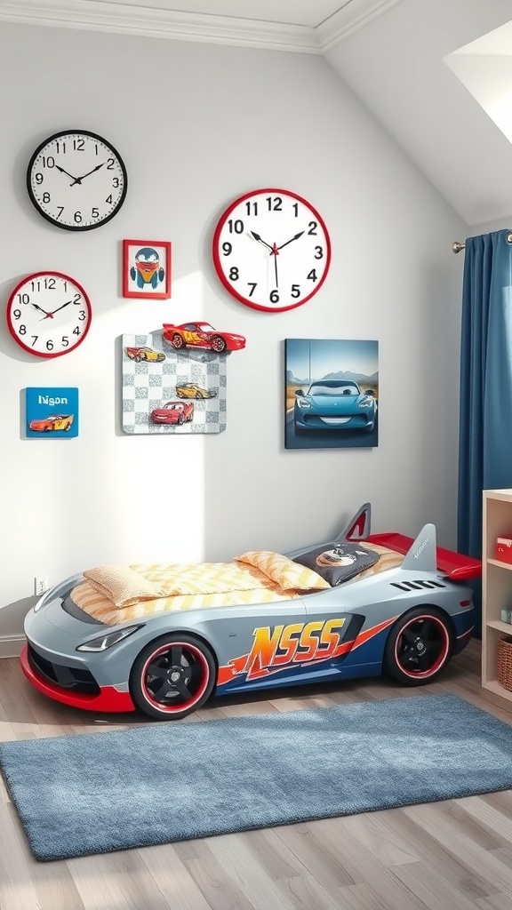 A vibrant car-themed bedroom featuring a car bed, wall clocks, and car artwork.