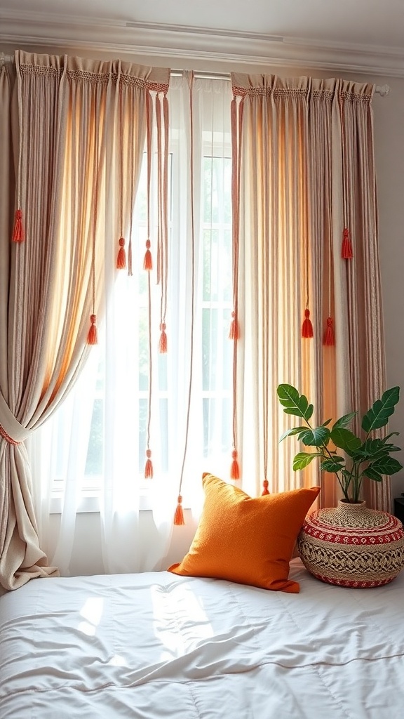 Boho style curtains with cascading orange tassels, a cozy orange pillow, and a decorative basket