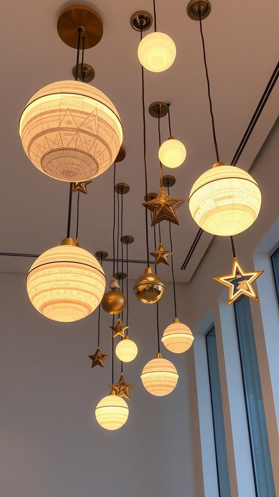 A collection of celestial-themed lighting fixtures, including spherical lights and star-shaped accents, hanging from the ceiling.