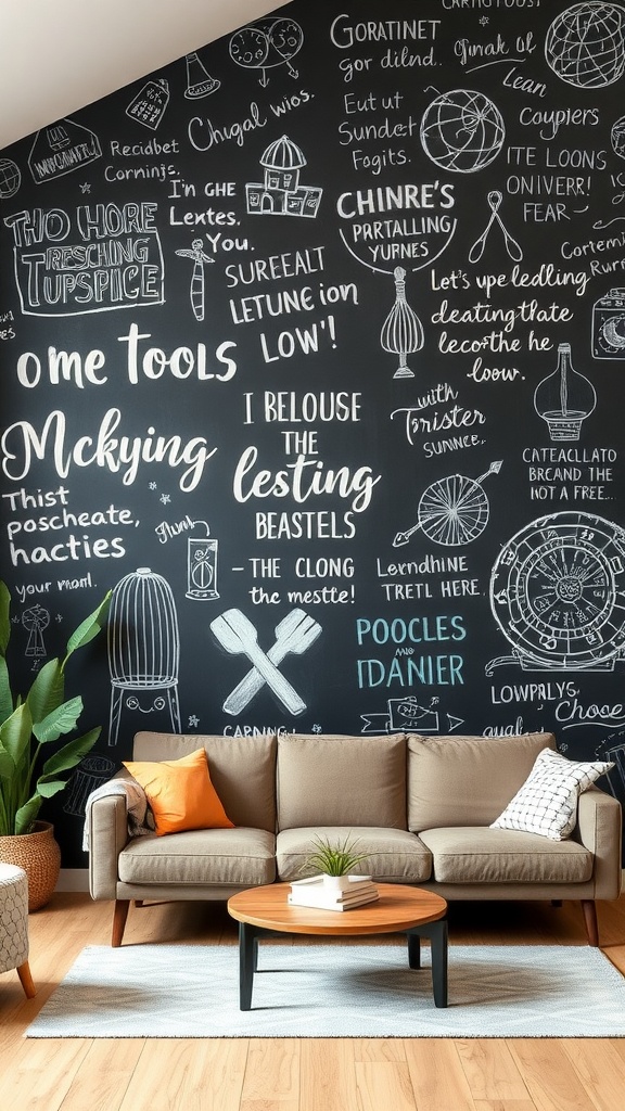 Cozy living room featuring a chalkboard wall filled with doodles, a comfortable couch, and green plants.