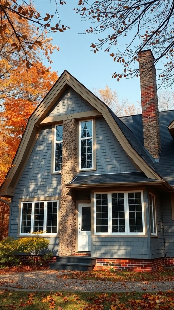 A charming A-frame house surrounded by autumn foliage with large windows and stone accents.