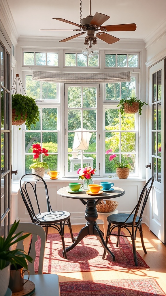 A bright sunroom with a round table, colorful dishware, and large windows filled with sunlight.