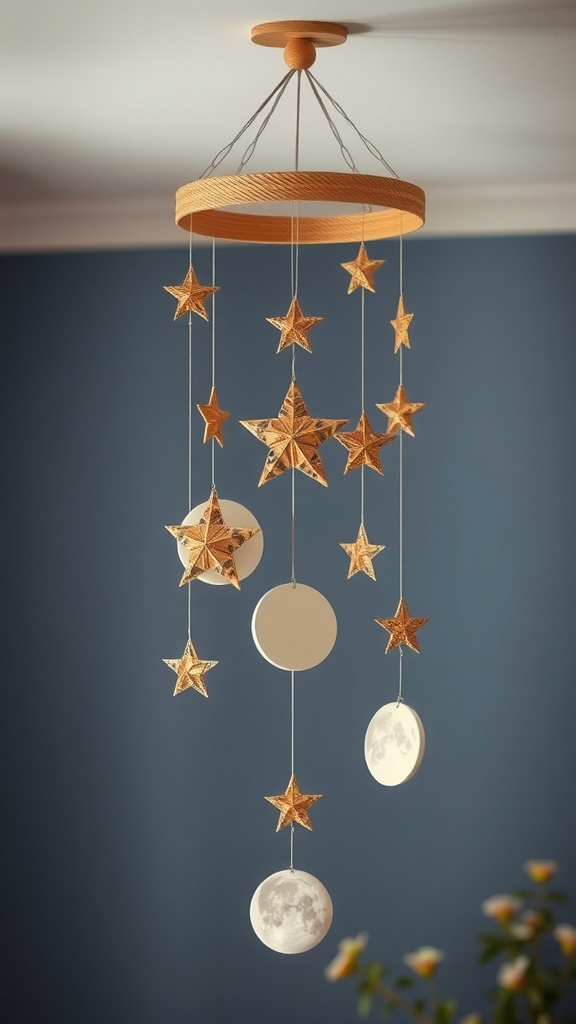 A celestial mobile featuring stars and moons hanging from a circular frame.