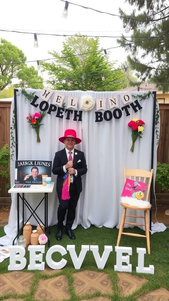 DIY photo booth setup for a backyard wedding with a white curtain backdrop, flowers, a sign, and props.