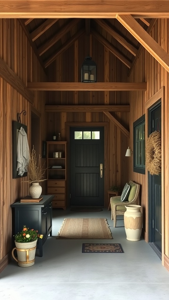 A cozy wooden entryway of a barndominium with a dark door, seating area, and decorative elements.