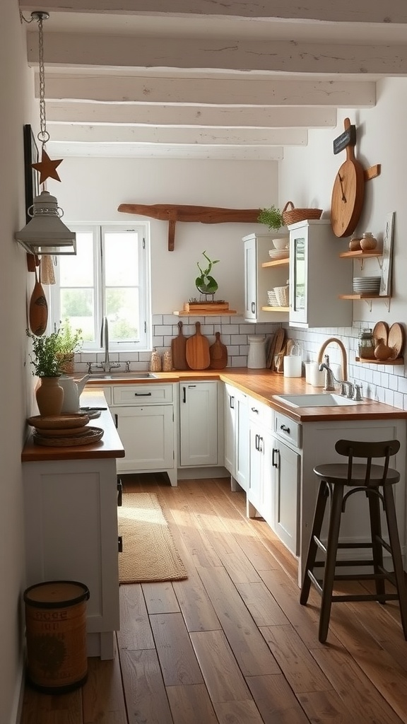 A charming farmhouse-style kitchen with white cabinets and wooden accents.