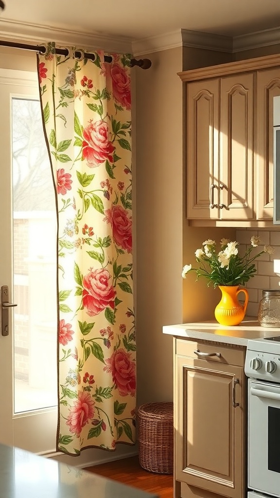 A kitchen with charming floral cafe curtains, showcasing vibrant flowers against a light background.