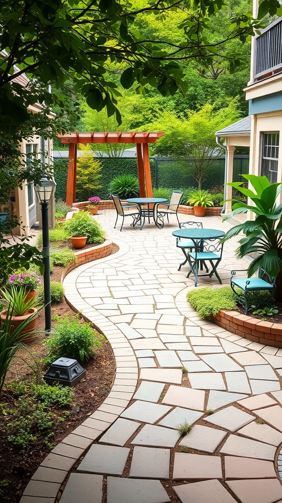 A charming garden pathway made of light stones, leading through a lush green garden with seating areas.