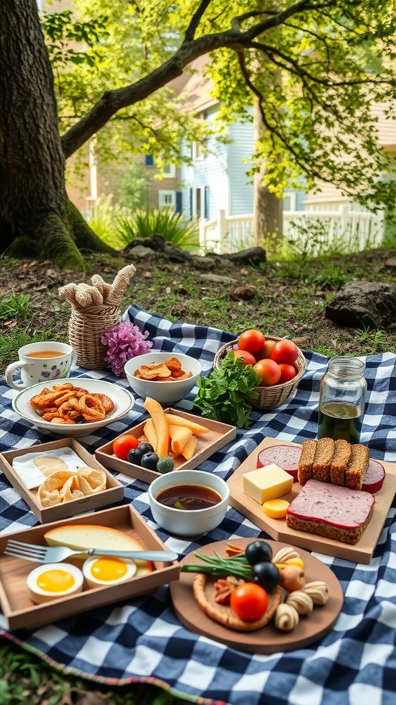 A beautifully arranged picnic setup outdoors with a variety of food items on a checkered blanket.