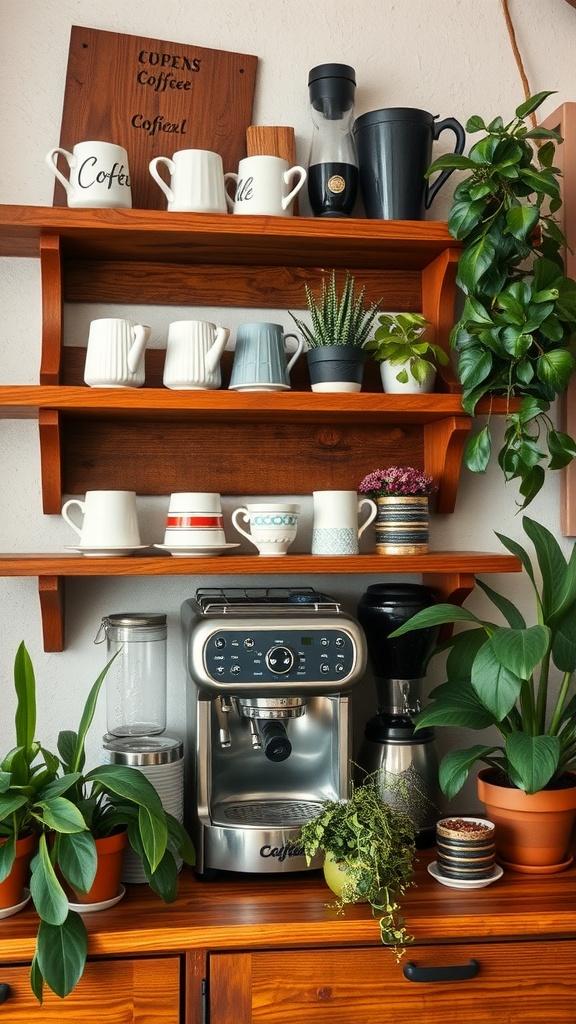 A rustic coffee corner with a wooden shelf displaying various mugs, plants, and a coffee machine.
