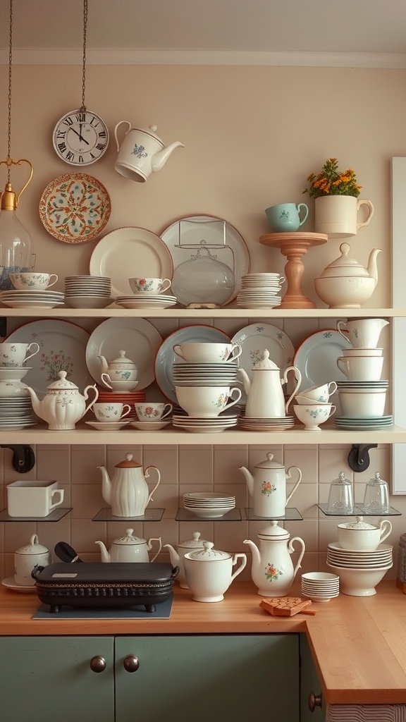 A charming display of vintage dishes and teapots above kitchen cabinets.