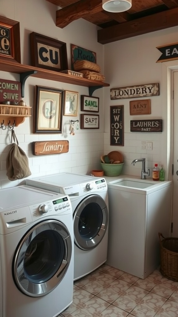 A rustic laundry room featuring vintage wall decor and wooden shelves.