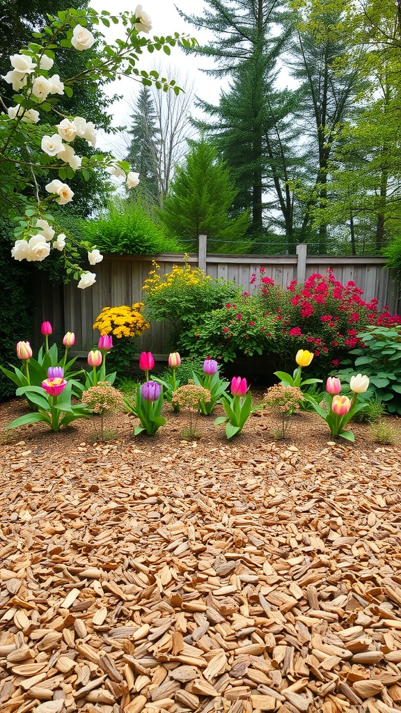 A garden area featuring colorful tulips surrounded by wood chips, with a background of green plants and flowers.
