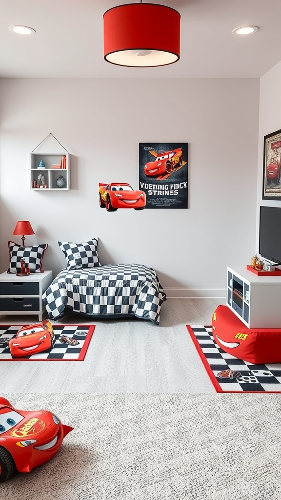 A Lightning McQueen themed room featuring checkered flag accents on bedding and rugs.