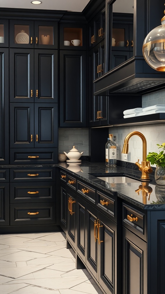 A chic kitchen featuring black cabinetry and gold accents.