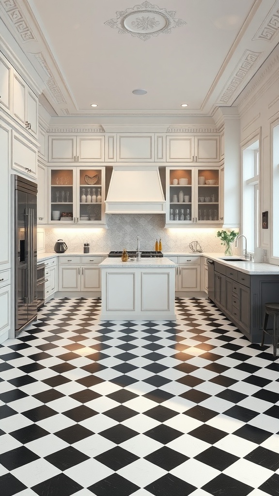 A chic black and white checkered kitchen floor with modern cabinetry and elegant accents.