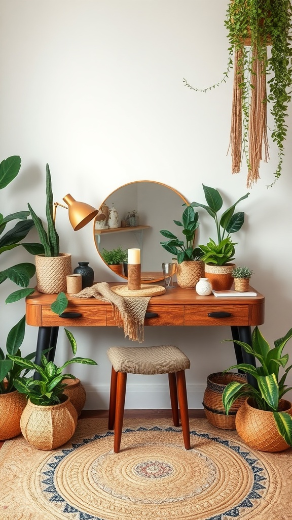 A chic bohemian vanity table with a wooden desk, round mirror, plants, and warm lighting.