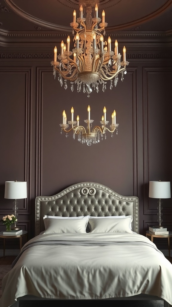 A luxurious bedroom featuring two elegant chandeliers above a neatly made bed with a tufted headboard.