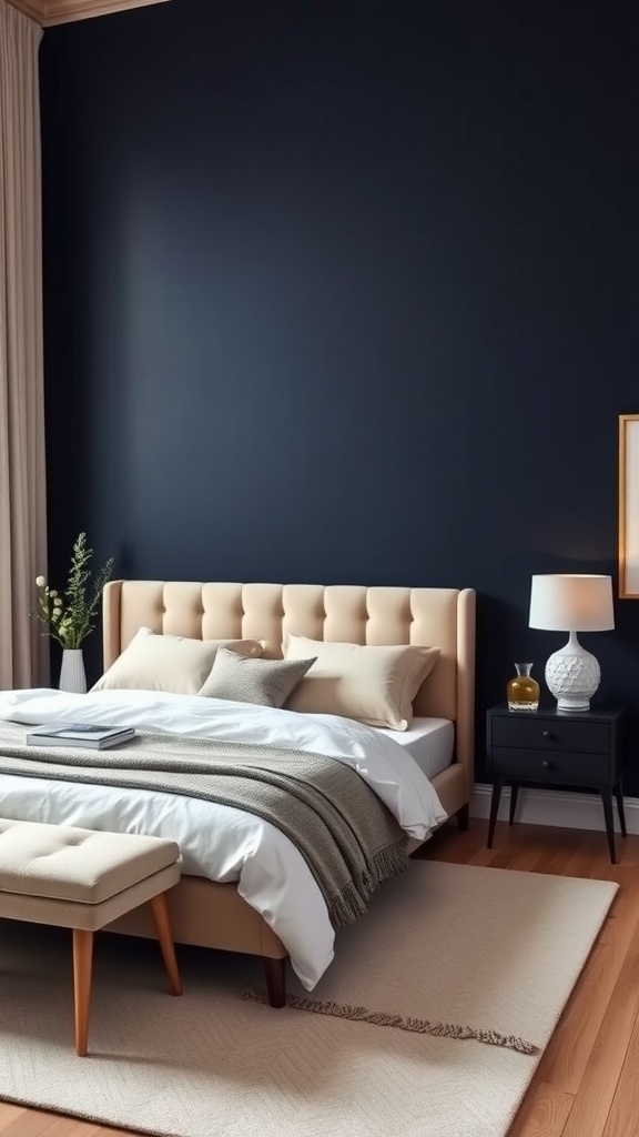 A stylish bedroom featuring a dark navy blue accent wall, beige upholstered bed, and modern decor.