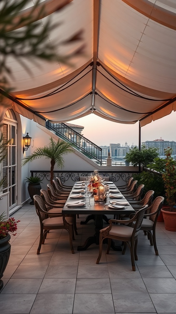 Chic outdoor dining area with a canopy, featuring a long table and elegant chairs, surrounded by plants and lanterns.