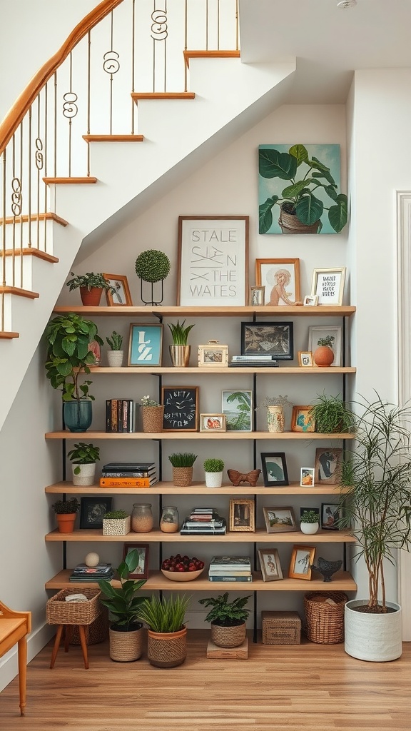 Stylish display shelves under a staircase filled with plants, books, and framed pictures.
