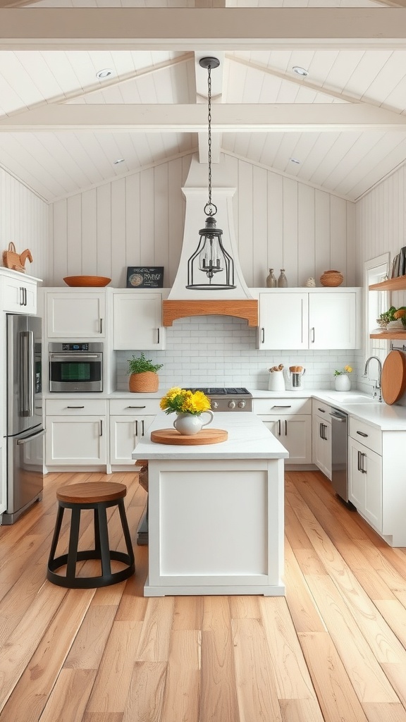Chic farmhouse kitchen with white cabinets, wooden accents, and a large island.