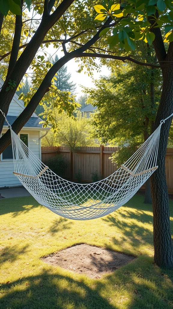 A white hammock hanging between two trees in a sunny backyard.