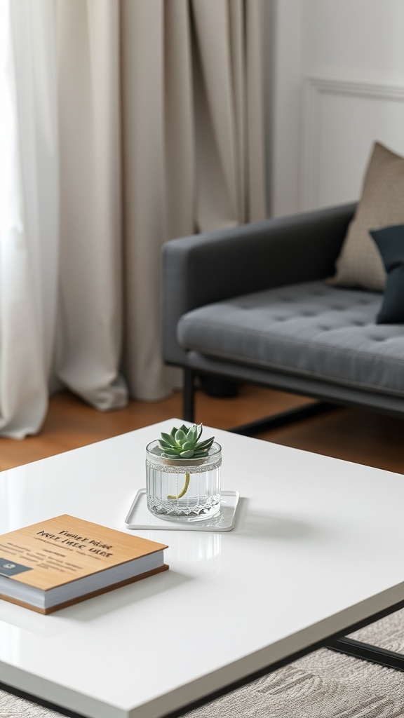 A minimalistic coffee table with a succulent plant and a book on a white surface, paired with a gray sofa and light curtains.