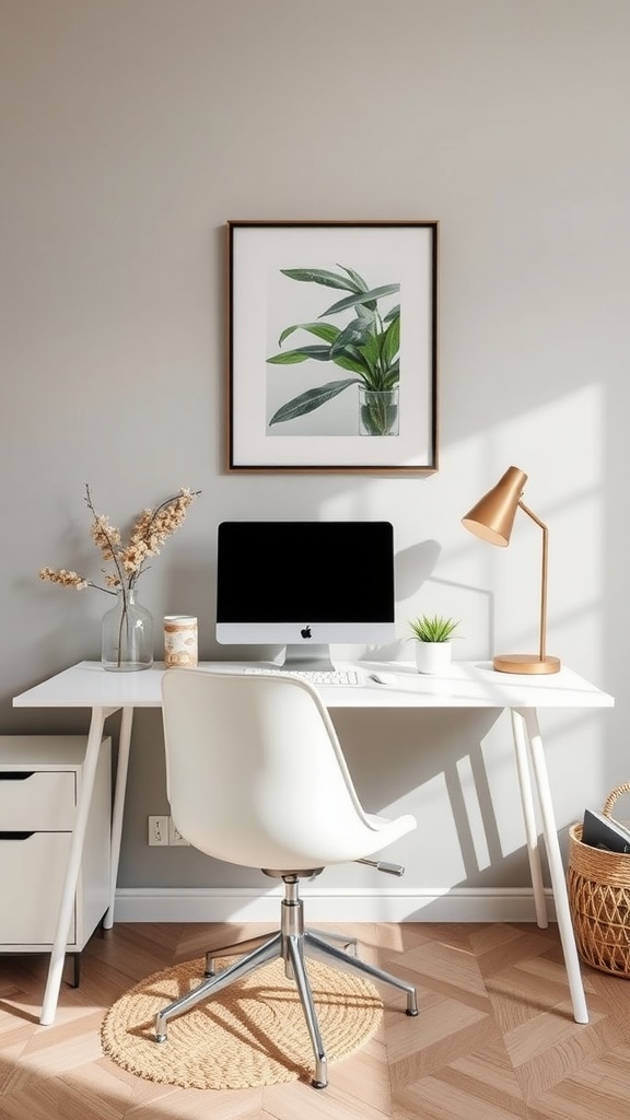 A minimalist home office setup featuring a white desk, computer, lamp, potted plants, and artwork.