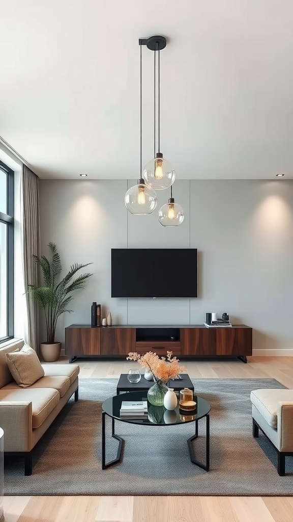 Chic pendant lights hanging over a coffee table in a modern living room.