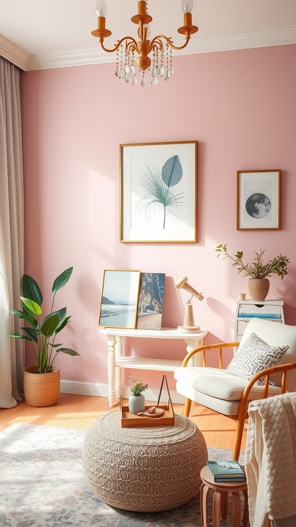 A stylish room featuring a pink accent wall, cozy seating, and decorative plants.