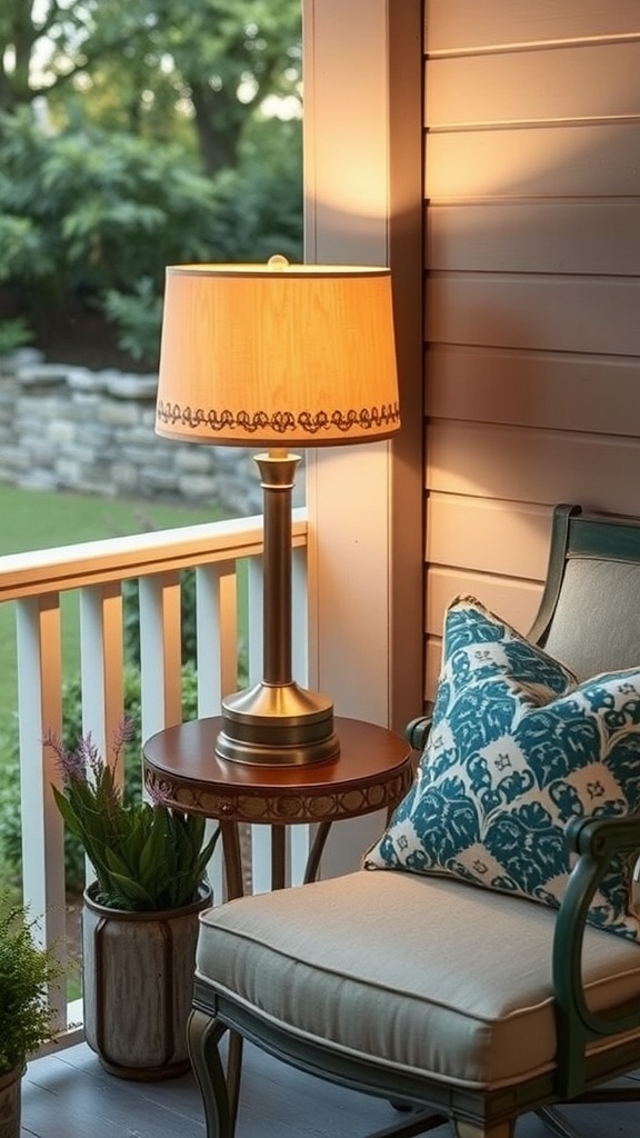 Chic table lamp on a side table with a cozy chair and greenery in the background.