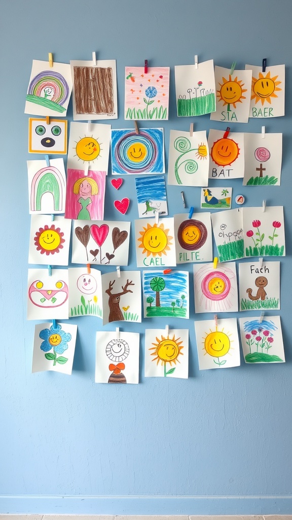 A colorful children's art gallery with various drawings hung on a blue wall.