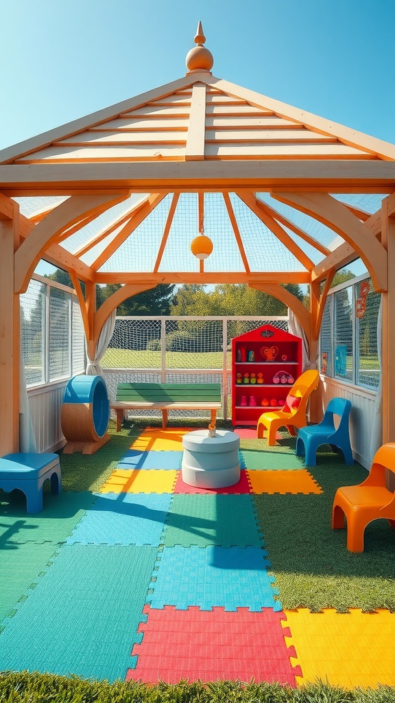 An outdoor gazebo designed as a children's play zone, featuring colorful mats and playful furniture.