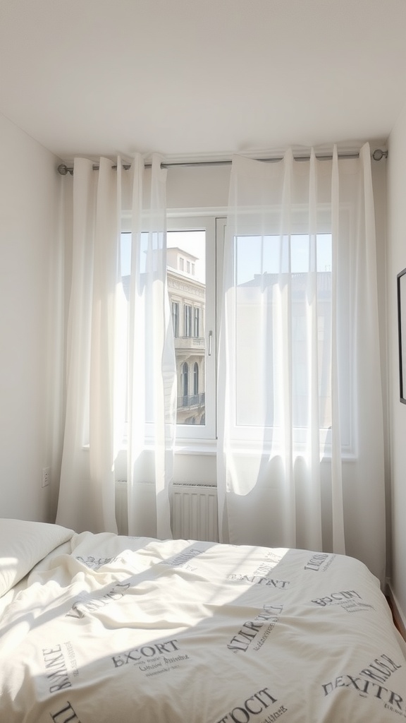 Bright bedroom with sheer white curtains and a neatly made bed.
